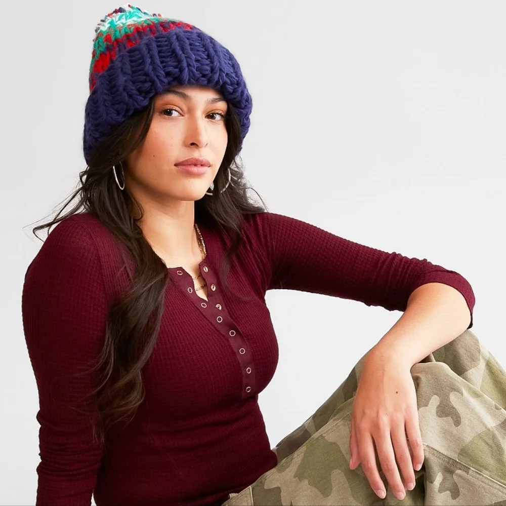 *NEW* Free People Chunky Stripe Beanie Navy Multi - Picture 4 of 6